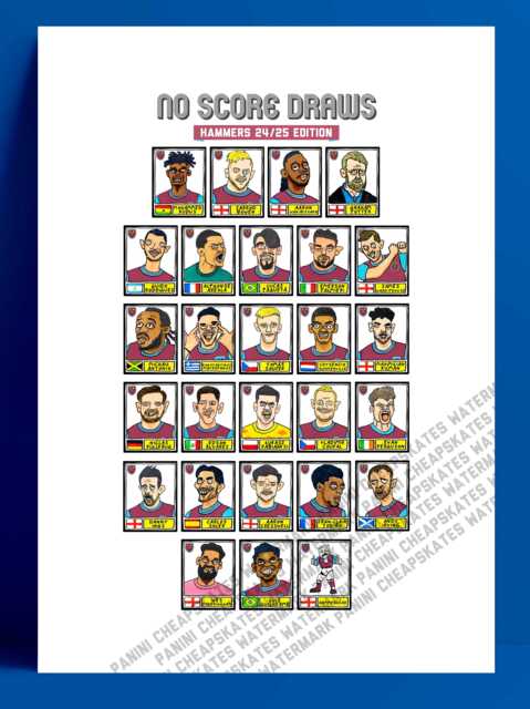 West Ham Vol 3 - No Score Draws Hammers 24/25 Edition A3 Print Of 24 Hand-Drawn Wonky Panini-Doodles Of Whu's Premier League Squad - image 1