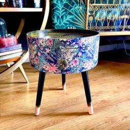 Round Yellow & Black Bedside Table, Blue Navy Leopard Floral Design. Wooden Cheetah Side Table With Drawer. Ideal Nightstand