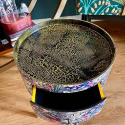 Round Yellow & Black Bedside Table, Blue Navy Leopard Floral Design. Wooden Cheetah Side Table With Drawer. Ideal Nightstand - thumbnail 3
