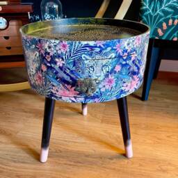 Round Yellow & Black Bedside Table, Blue Navy Leopard Floral Design. Wooden Cheetah Side Table With Drawer. Ideal Nightstand - thumbnail 2