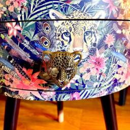 Round Yellow & Black Bedside Table, Blue Navy Leopard Floral Design. Wooden Cheetah Side Table With Drawer. Ideal Nightstand - thumbnail 4
