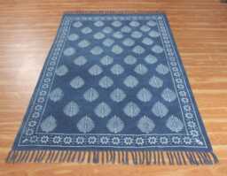 Handmade Cotton Rug, Indian Dabu Print, Indigo Blue - thumbnail 1