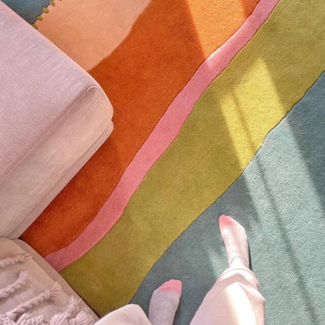 Stitched & Striped Hand Tufted Wool Rug, Colorful Blue Peach Green Orange Modern Area Rug - image 1
