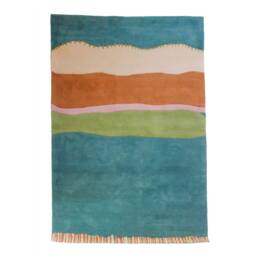 Stitched & Striped Hand Tufted Wool Rug, Colorful Blue Peach Green Orange Modern Area Rug - thumbnail 2
