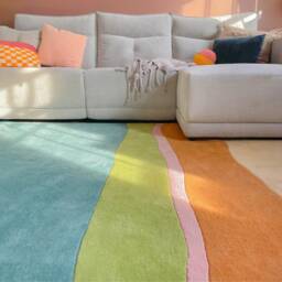 Stitched & Striped Hand Tufted Wool Rug, Colorful Blue Peach Green Orange Modern Area Rug - thumbnail 3