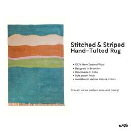 Stitched & Striped Hand Tufted Wool Rug, Colorful Blue Peach Green Orange Modern Area Rug - thumbnail 4