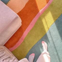 Stitched & Striped Hand Tufted Wool Rug, Colorful Blue Peach Green Orange Modern Area Rug - thumbnail 1