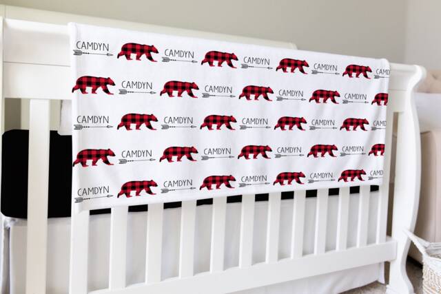 Bear Personalized Swaddle Baby Blanket Gifts Lumber Jack Shower Gift Newborn Woodland Rustic Nursery - image 1