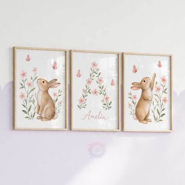Girls Woodland Nursery Prints - Pink Personalised Print Set Of 3, Rabbit Bedroom Wall Art - image 1