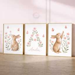 Girls Woodland Nursery Prints - Pink Personalised Print Set Of 3, Rabbit Bedroom Wall Art - thumbnail 2