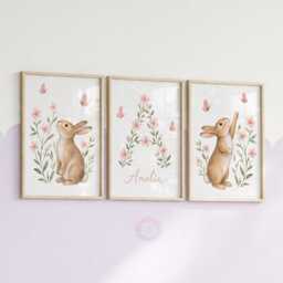 Girls Woodland Nursery Prints - Pink Personalised Print Set Of 3, Rabbit Bedroom Wall Art