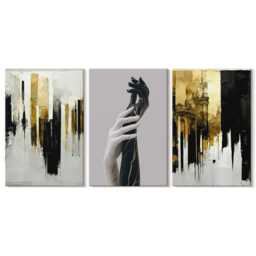 Canvas Set Of 3 Wall Art - Painting Patterns & Two Hands, Yellow Print, Artwork Decor - thumbnail 2