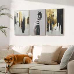 Canvas Set Of 3 Wall Art - Painting Patterns & Two Hands, Yellow Print, Artwork Decor - thumbnail 1