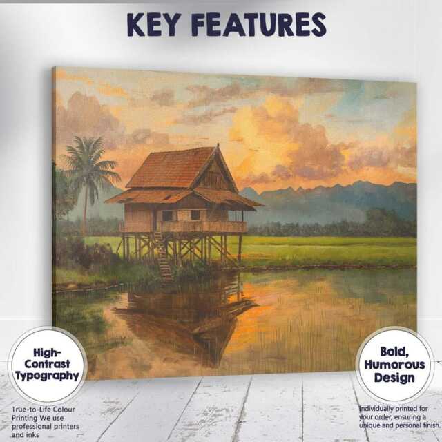 Traditional Stilt House Rice Field Sunset Landscape Canvas Wall Art Print Decor Picture Ready To Hang - image 1