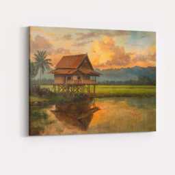 Traditional Stilt House Rice Field Sunset Landscape Canvas Wall Art Print Decor Picture Ready To Hang - thumbnail 4
