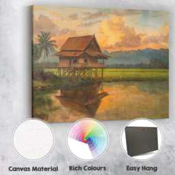 Traditional Stilt House Rice Field Sunset Landscape Canvas Wall Art Print Decor Picture Ready To Hang - thumbnail 2
