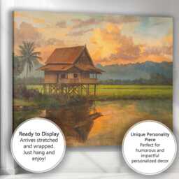 Traditional Stilt House Rice Field Sunset Landscape Canvas Wall Art Print Decor Picture Ready To Hang - thumbnail 3