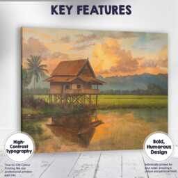 Traditional Stilt House Rice Field Sunset Landscape Canvas Wall Art Print Decor Picture Ready To Hang - thumbnail 1