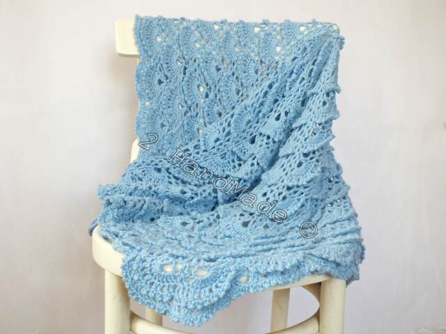 Handmade Crochet Baby Blanket Blue Lace Shells, Merino Blend, 39 - image 1