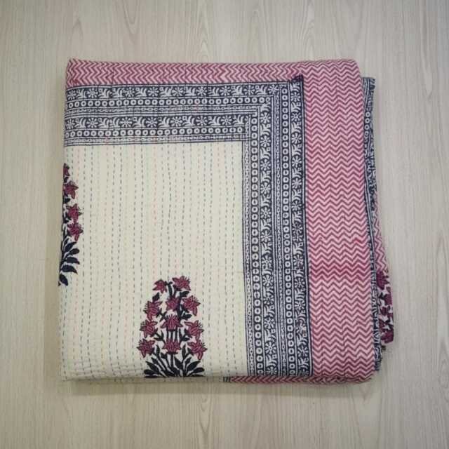 Hand Block Print Kantha Quilt, Indian Cotton Bedspread - 90 X 108 Inches - image 1