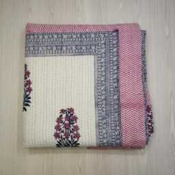 Hand Block Print Kantha Quilt, Indian Cotton Bedspread - 90 X 108 Inches - thumbnail 1