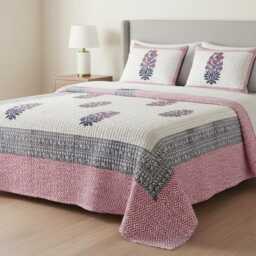 Hand Block Print Kantha Quilt, Indian Cotton Bedspread - 90 X 108 Inches - thumbnail 2