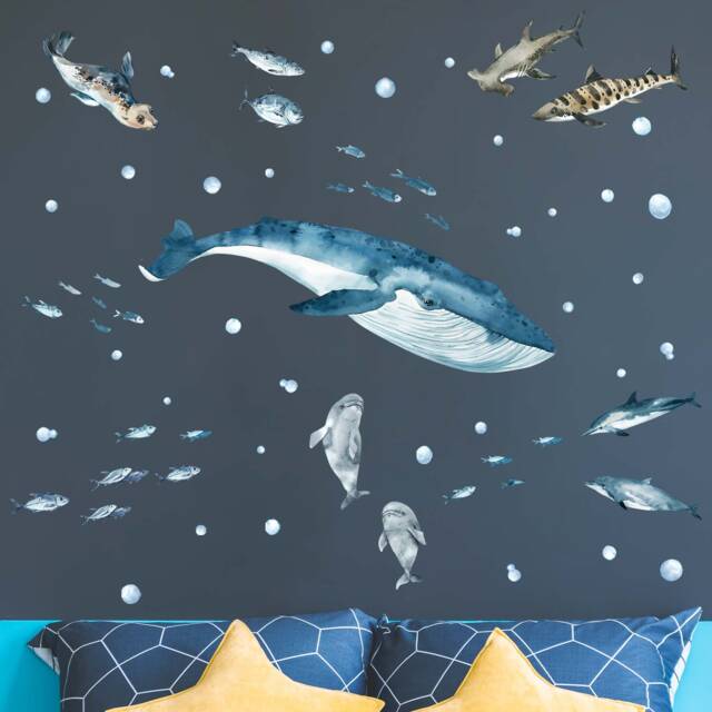 Sea Life Whale, Dolphins & Sharks Wall Decals, Plastic-Free Kids Room Wall Stickers - image 1
