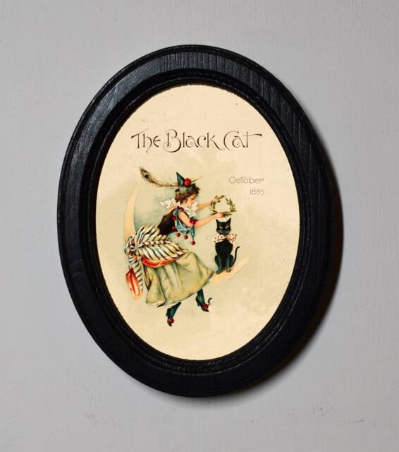 Halloween Black Oval Wooden Framed Picture Witchy Wall Hanging, Vintage Gothic, The Cat - image 1