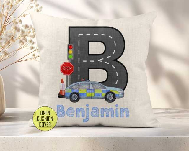 Personalised Police Car Cushion, Emergency Service Vehicle, Gift, Personalised Cushion, Nursery Decor, Toddler Bedroom Accessory - image 1