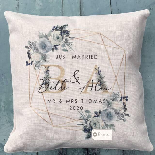 Personalised Just Married Initials Mr Mrs Wedding Anniversary White Blue Floral Geometric Greenery Design Linen Style Cushion Decor Cover