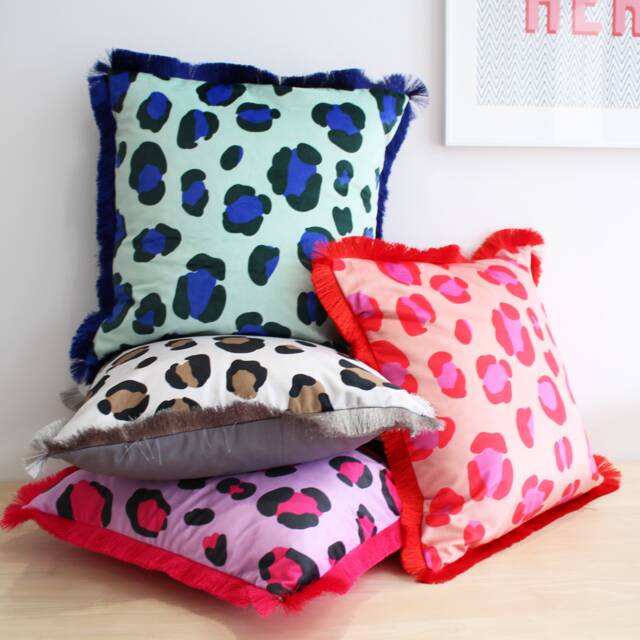 Large Leopard Print Fringed Velvet Cushion Pillow, Bright Decor - image 1