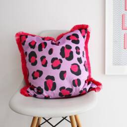 Large Leopard Print Fringed Velvet Cushion Pillow, Bright Decor - thumbnail 2