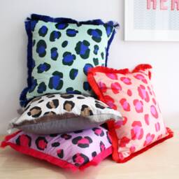 Large Leopard Print Fringed Velvet Cushion Pillow, Bright Decor - thumbnail 1