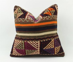 Vintage Kilim Pillow Cover Turkish Wool Cushion, Bohemian Decor - 16x16 Inch - thumbnail 1