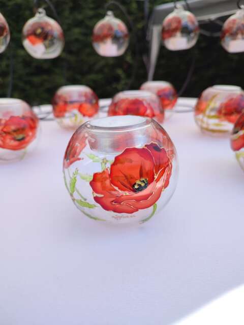 Poppy Ball Tealight Candle Holder With Red Flowers - image 1