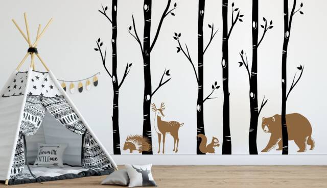 Nursery Forest Wall Art Decals, Birch Tree With Branches & Leaves Vinyl, Aspen Woodland Animals Mural, Bear, Dear, Squirrel, Porcupine - image 1