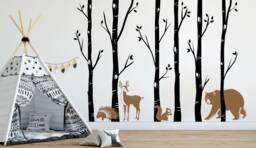 Nursery Forest Wall Art Decals, Birch Tree With Branches & Leaves Vinyl, Aspen Woodland Animals Mural, Bear, Dear, Squirrel, Porcupine