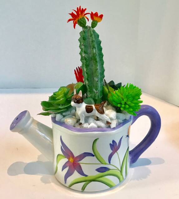 Purple Flower With Butterflies Pitcher Planter Green Succulents Cactus Porcelain Dog - image 1