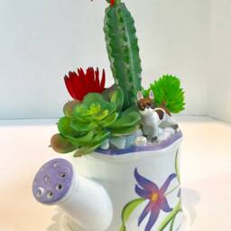 Purple Flower With Butterflies Pitcher Planter Green Succulents Cactus Porcelain Dog - thumbnail 3