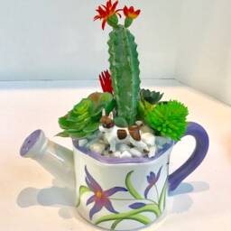 Purple Flower With Butterflies Pitcher Planter Green Succulents Cactus Porcelain Dog - thumbnail 2