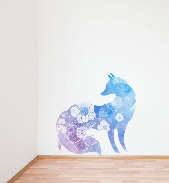 Watercolor Flowery Fox Wall Sticker Decal - Kids Stickers, Animals Childrens Decals, Art, Room, Girl, Boy