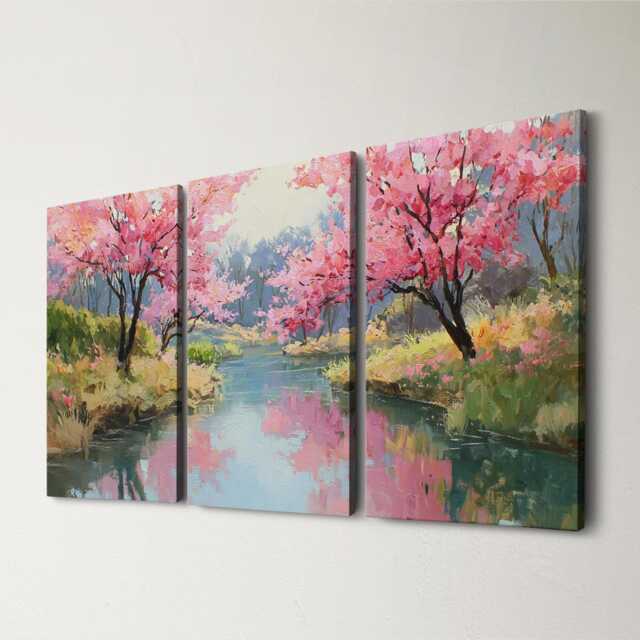 Cherry Blossom Grove Oil Painting - Split Canvas Wall Art Pink Landscape Nature Decor Vibrant Spring Floral Hanging - image 1