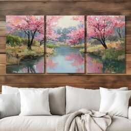 Cherry Blossom Grove Oil Painting - Split Canvas Wall Art Pink Landscape Nature Decor Vibrant Spring Floral Hanging - thumbnail 2