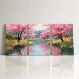 Cherry Blossom Grove Oil Painting - Split Canvas Wall Art Pink Landscape Nature Decor Vibrant Spring Floral Hanging - thumbnail 3