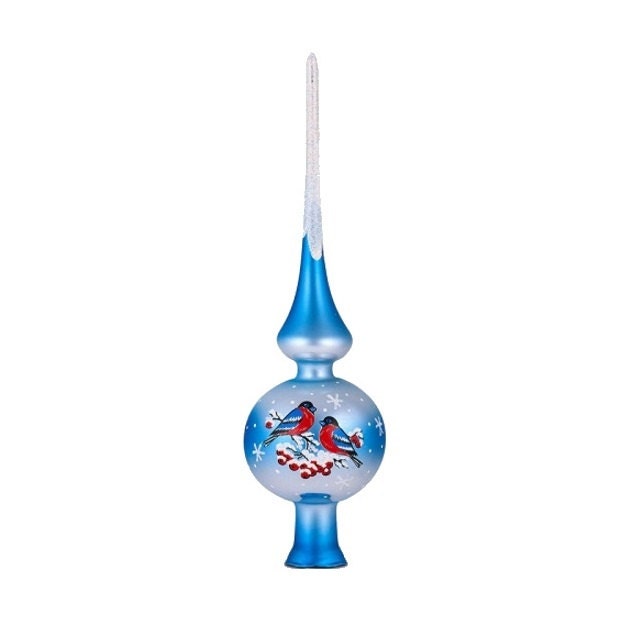 Hand Blown Glass Christmas Tree Topper, Blue White Red Birds Painting, Painted Xmas Ornament, Traditional Finial Top, Festive