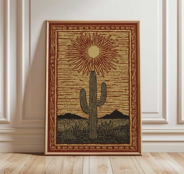 Desert Cactus Sun Poster, Rustic Southwest Wall Art Print in Folk Illustration Style - image 1