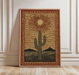 Desert Cactus Sun Poster, Rustic Southwest Wall Art Print in Folk Illustration Style - thumbnail 1