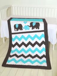 Baby Quilt Blanket, Elephant Bedding, Turquoise Chocolate Brown Nursery Decoration - thumbnail 1