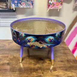Round Coffee Table , Peacock, Blue, Teal & Turquoise Feathers. Lilac Purple Gold Glitter . Table, Storage, End Lounge - thumbnail 4