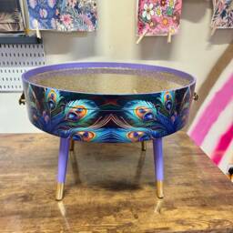 Round Coffee Table , Peacock, Blue, Teal & Turquoise Feathers. Lilac Purple Gold Glitter . Table, Storage, End Lounge - thumbnail 2